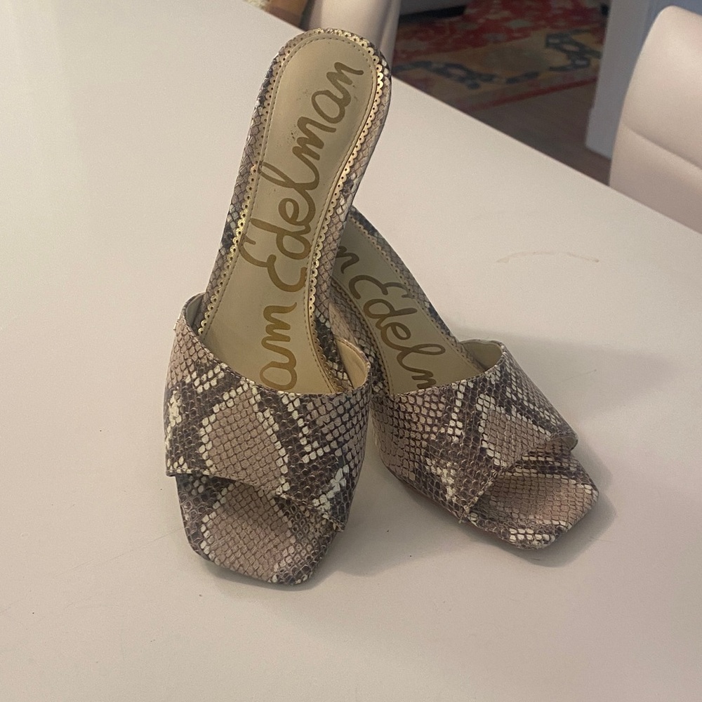 Sam Edelman, snakeskin open toe wedge. Size 9.